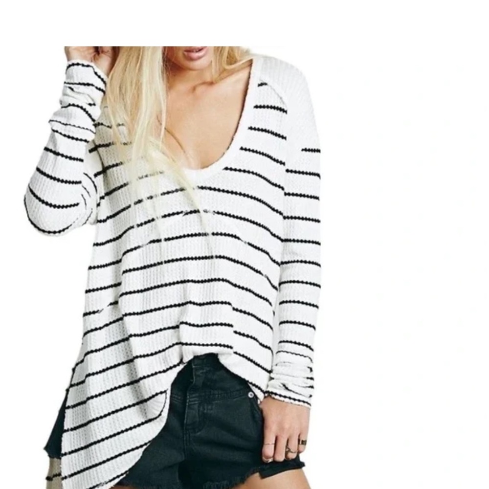 Free People Black and White Striped Distressed V-Neck Sunset Park Tunic Shirt